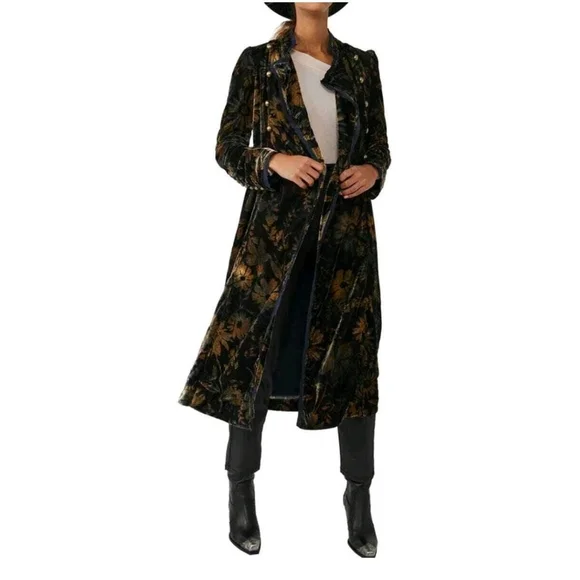 🆕️ Free People Hazel Velvet Puff Sleeve Duster Long Jacket Medium Black Boho - Picture 3 of 16